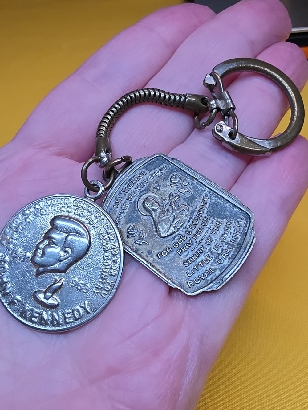 Vintage JFK Memorial & St Therese Shrine Medal Snake Chain Keychain 1960s